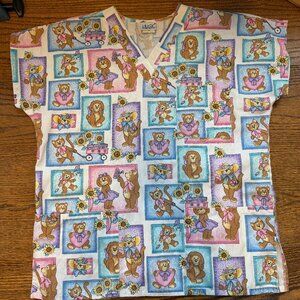 Vintage Simply Basic Teddy Bears Nurse Scrub Top Size Medium
